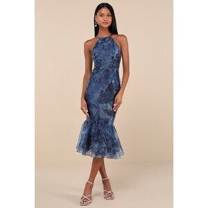 Lulus Admirable Essence Navy Blue Floral Organza Trumpet Midi Dress - Size XL